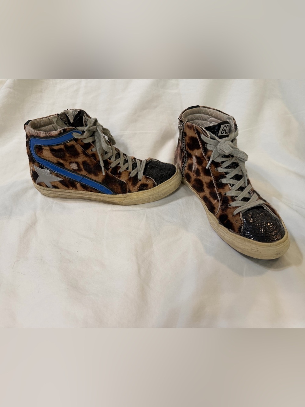 Golden Goose Kids Leopard Print High-Top Sneakers with Blue Accent